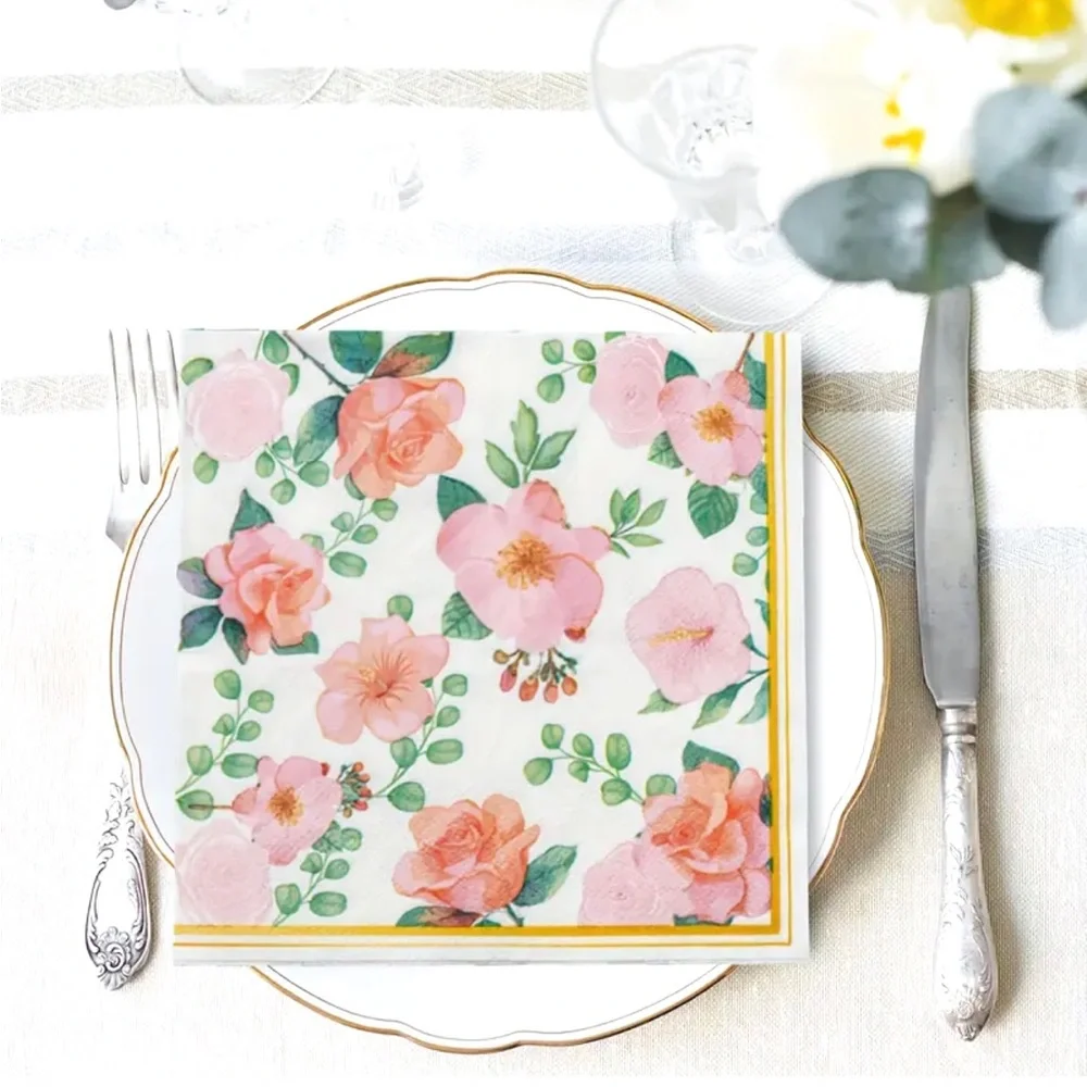 Salmon Pink Floral Print Luncheon Paper Napkins, 20 ct